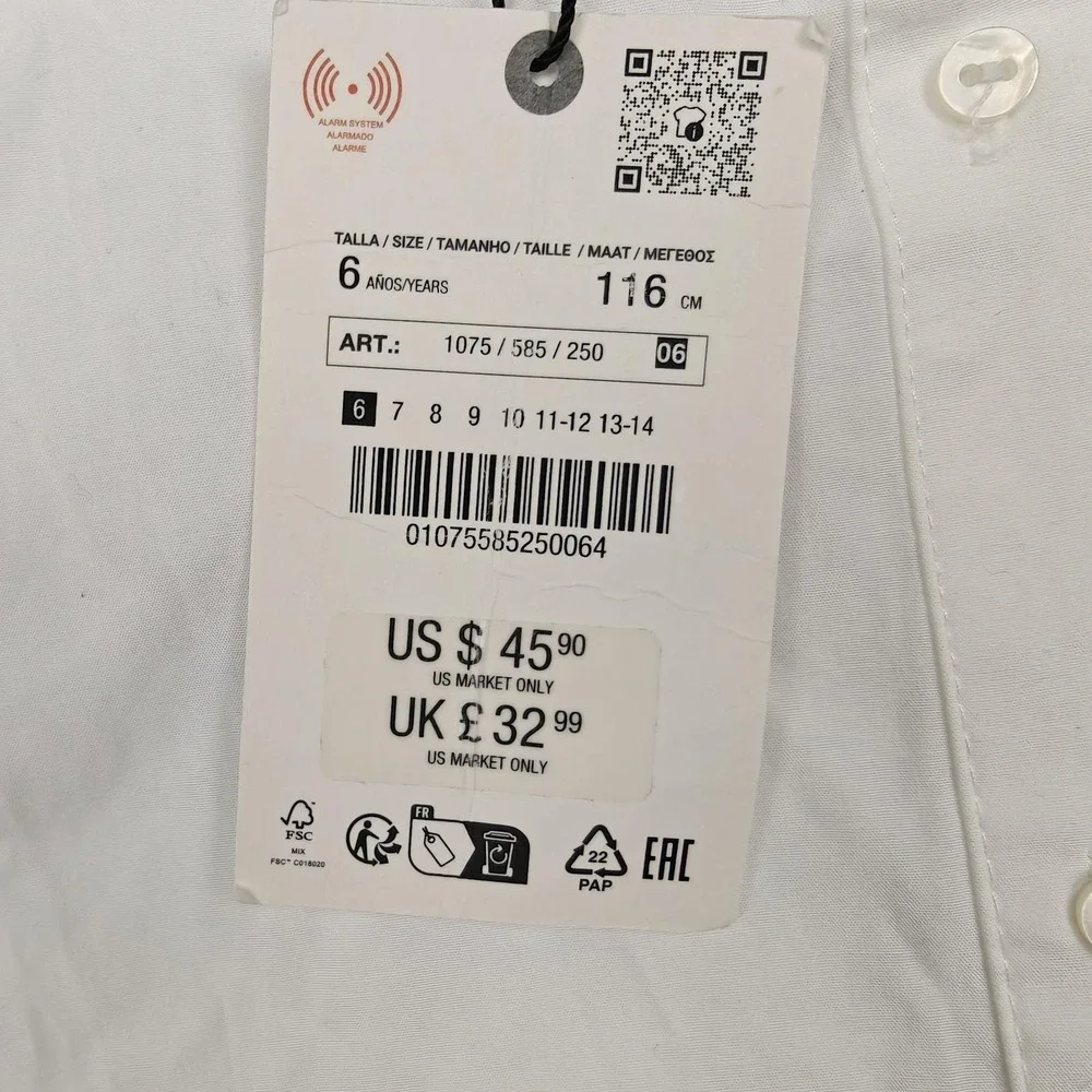 ZARA Shirt Kids 6 White 100% Cotton Long Sleeve Button Front Collared Dress Top
